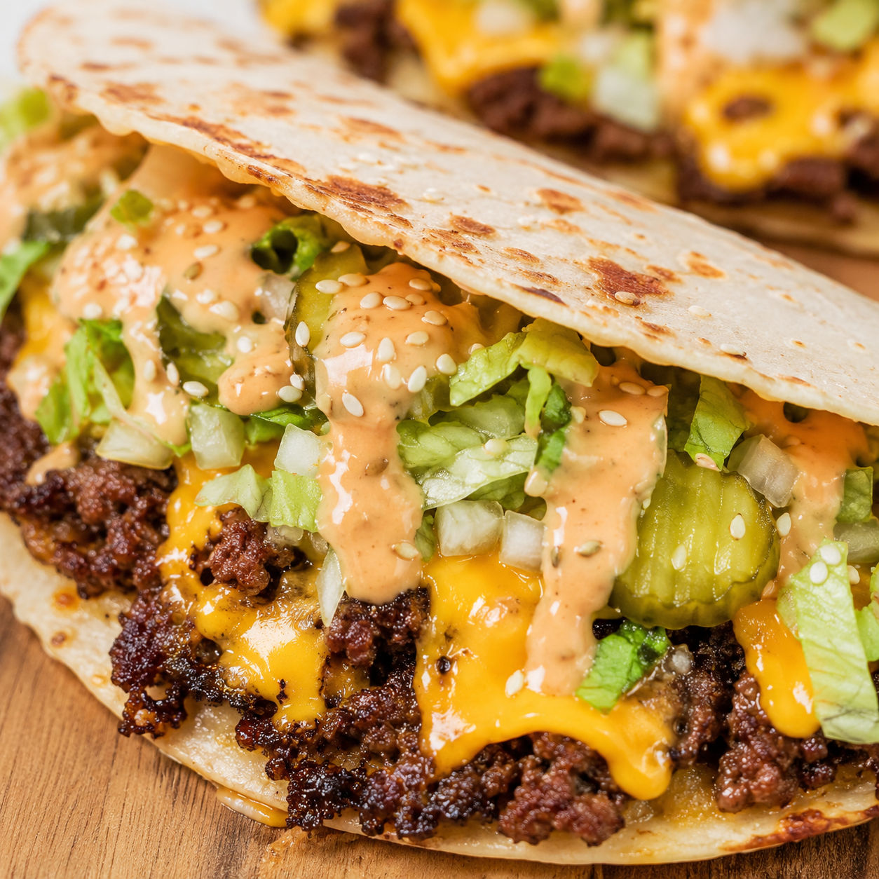 Big Mac Smash Tacos with crispy beef, melted cheese, pickles, and special sauce