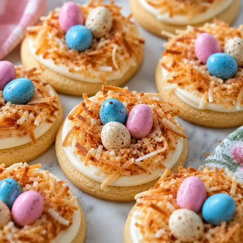 Bird's Nest Easter Cookies with toasted coconut and speckled candy eggs