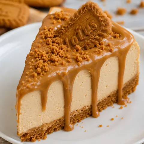 Biscoff Lotus Cheesecake slice with cookie crumb topping