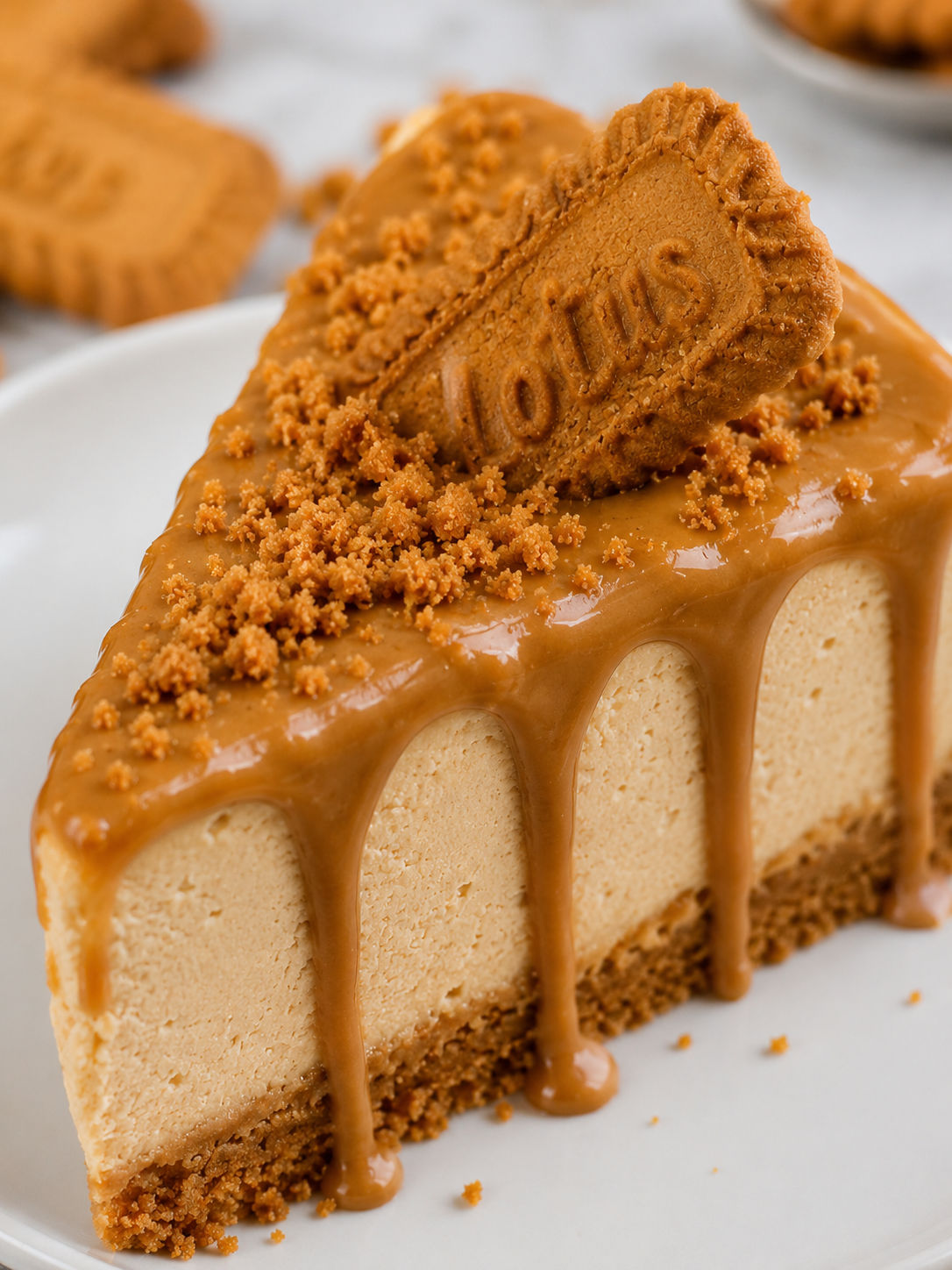 Biscoff Lotus Cheesecake, plated and served