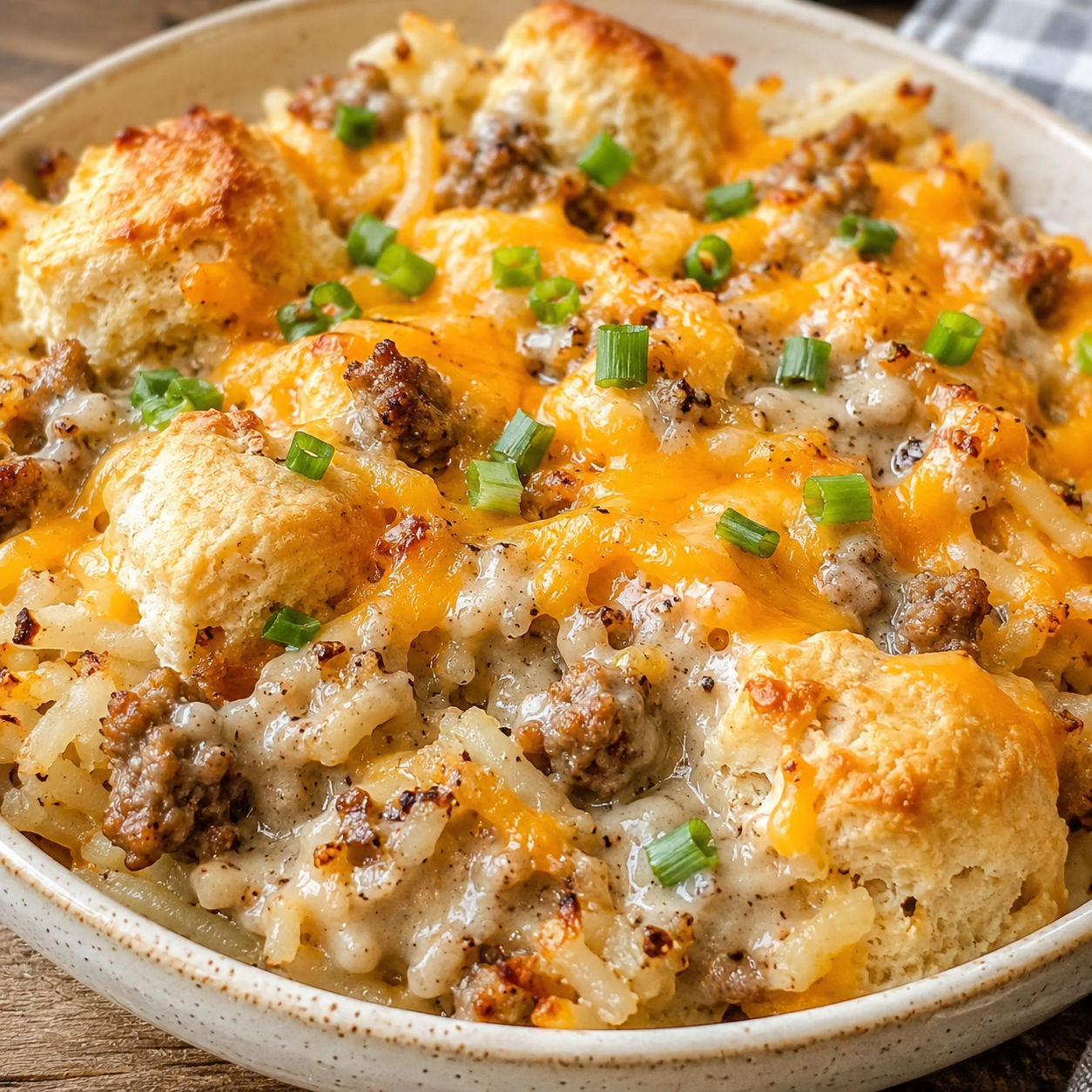 Biscuits gravy hashbrown bake with cheddar and golden biscuit pieces