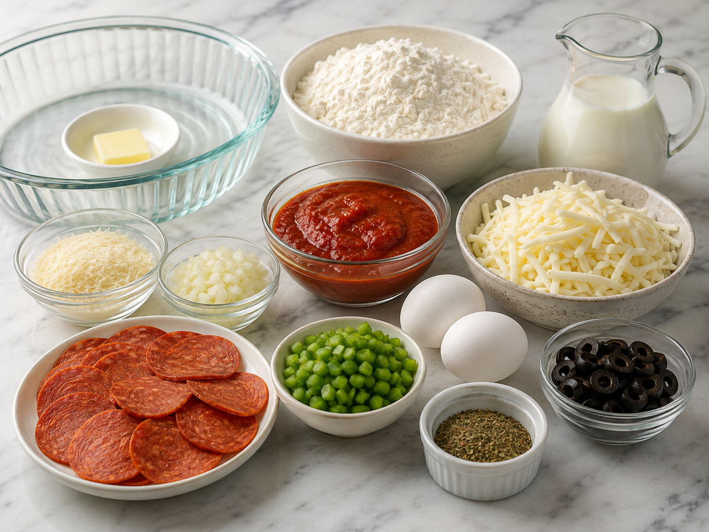 Ingredients for Bisquick Impossible Pizza Pie laid out