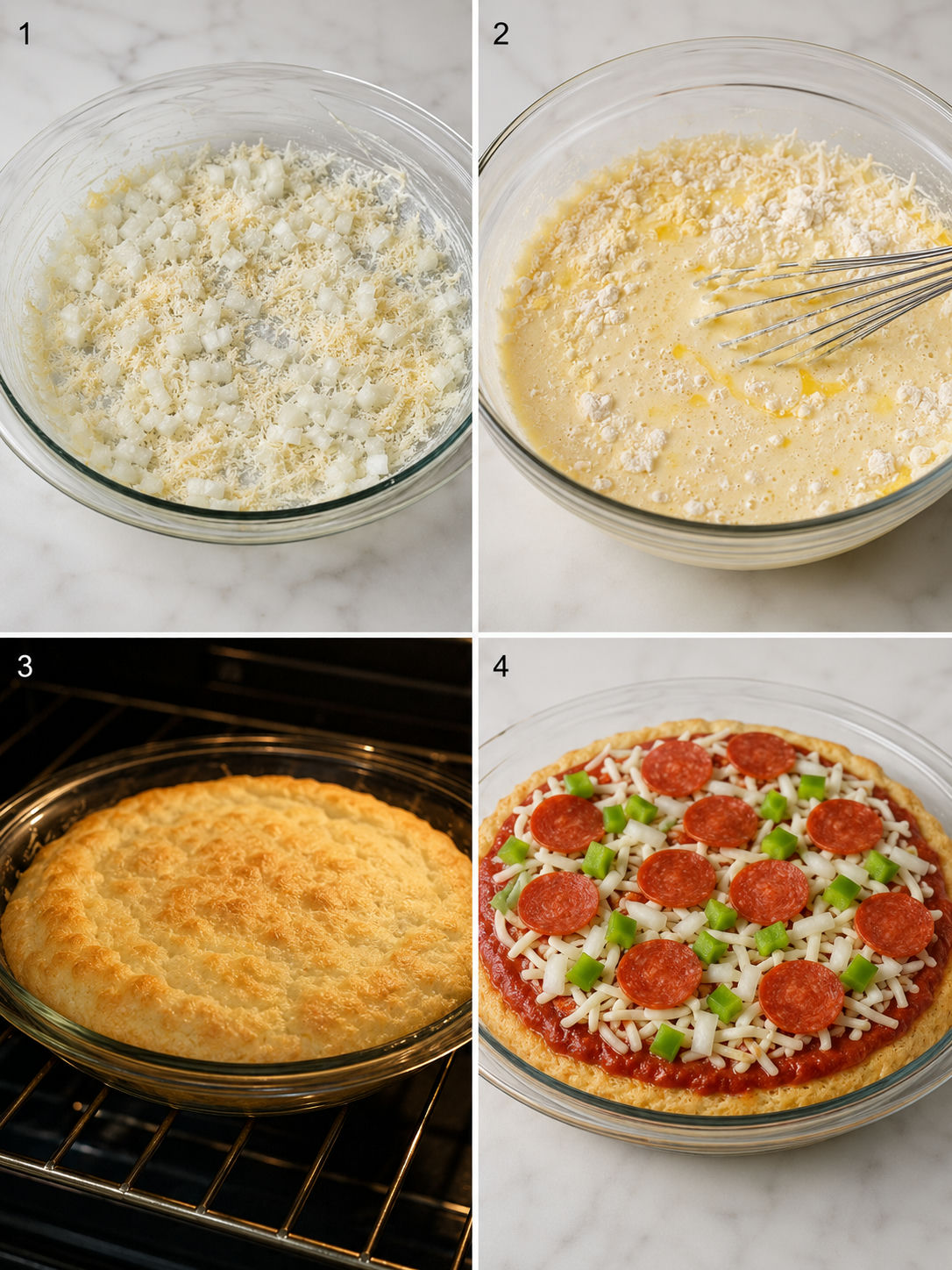 Four steps for making Bisquick Impossible Pizza Pie