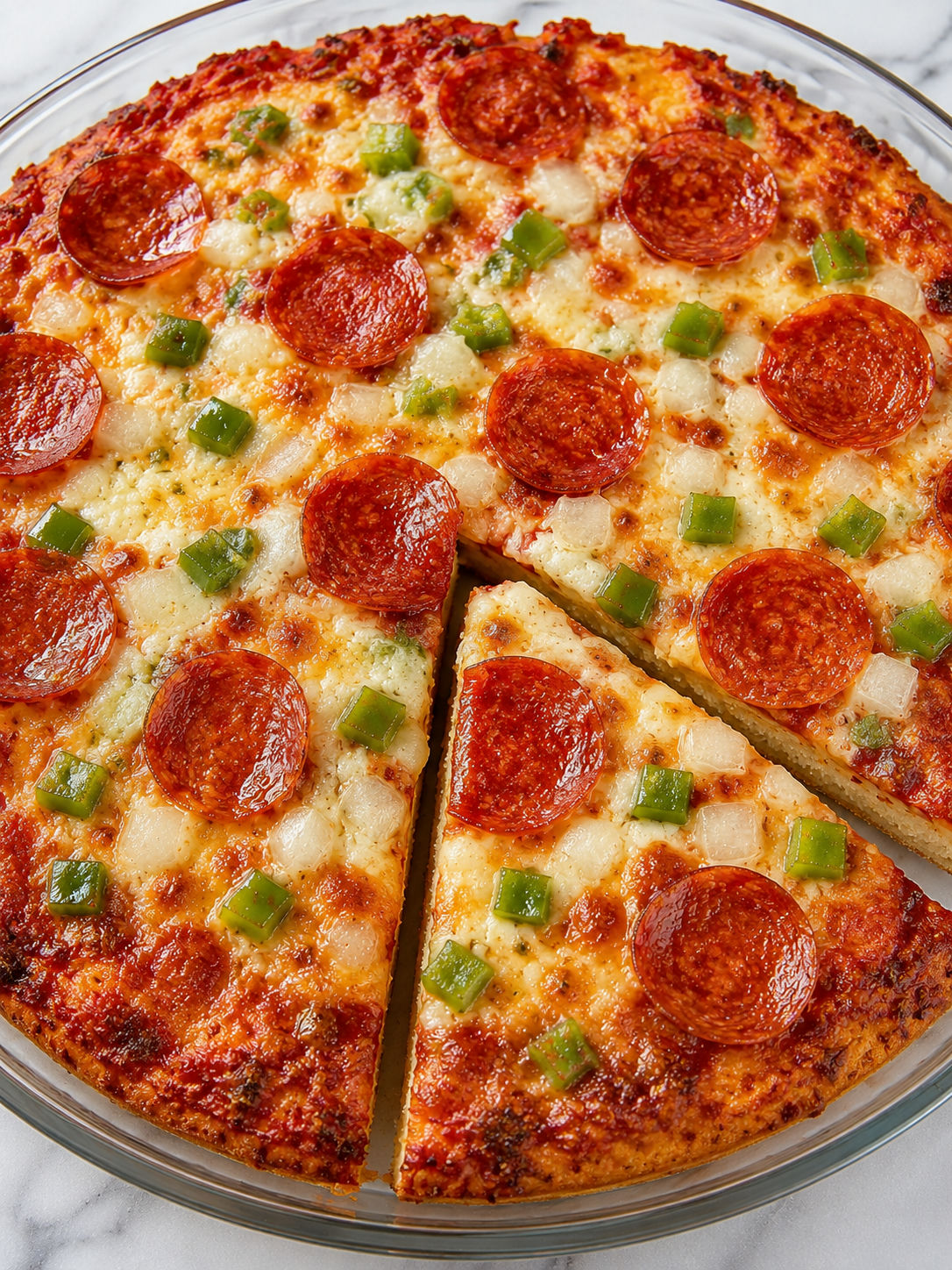 Bisquick Impossible Pizza Pie slice with bubbly cheese and pepperoni