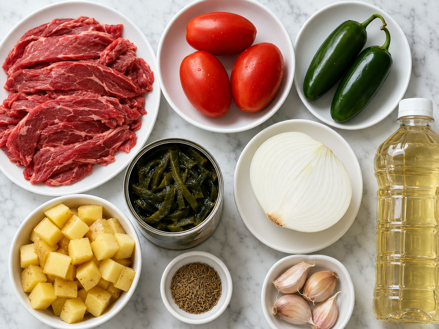 Raw ingredients for bistec ranchero including thin beef steaks, Roma tomatoes, jalapeños, and Yukon Gold potatoes on a wooden surface