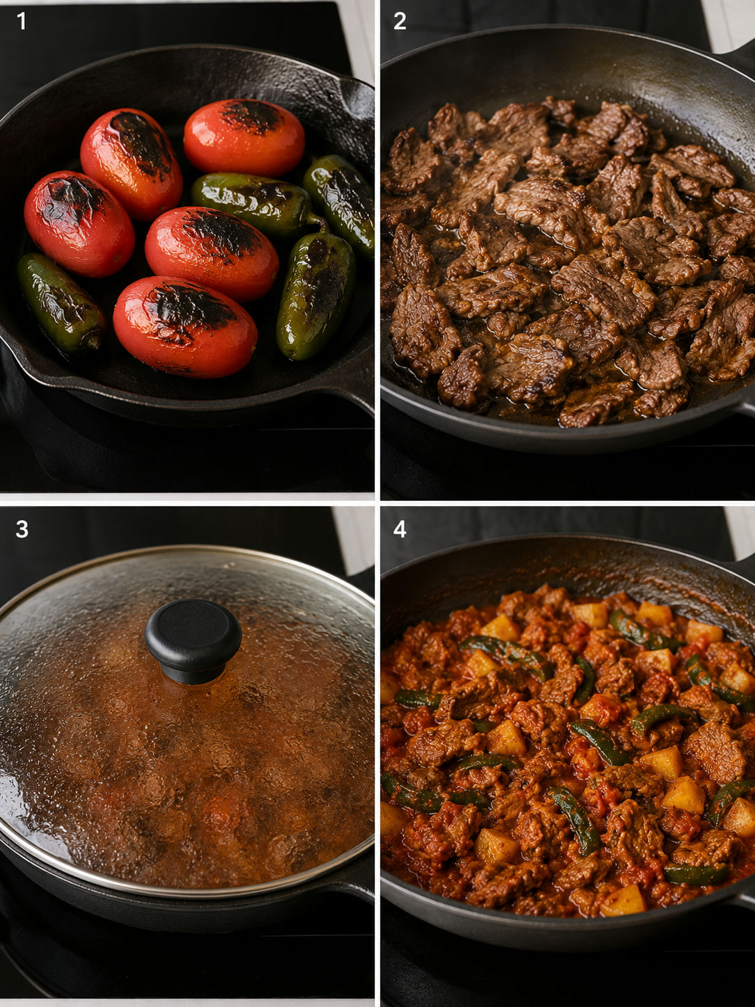 Four-step process of making bistec ranchero: charring vegetables, searing beef, adding salsa, and simmering with potatoes