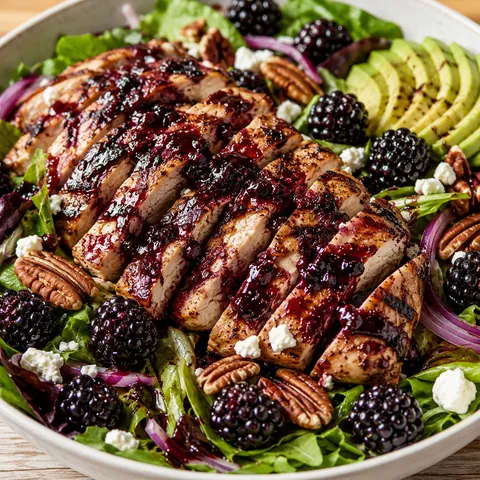 Blackberry balsamic grilled chicken salad with goat cheese and pecans