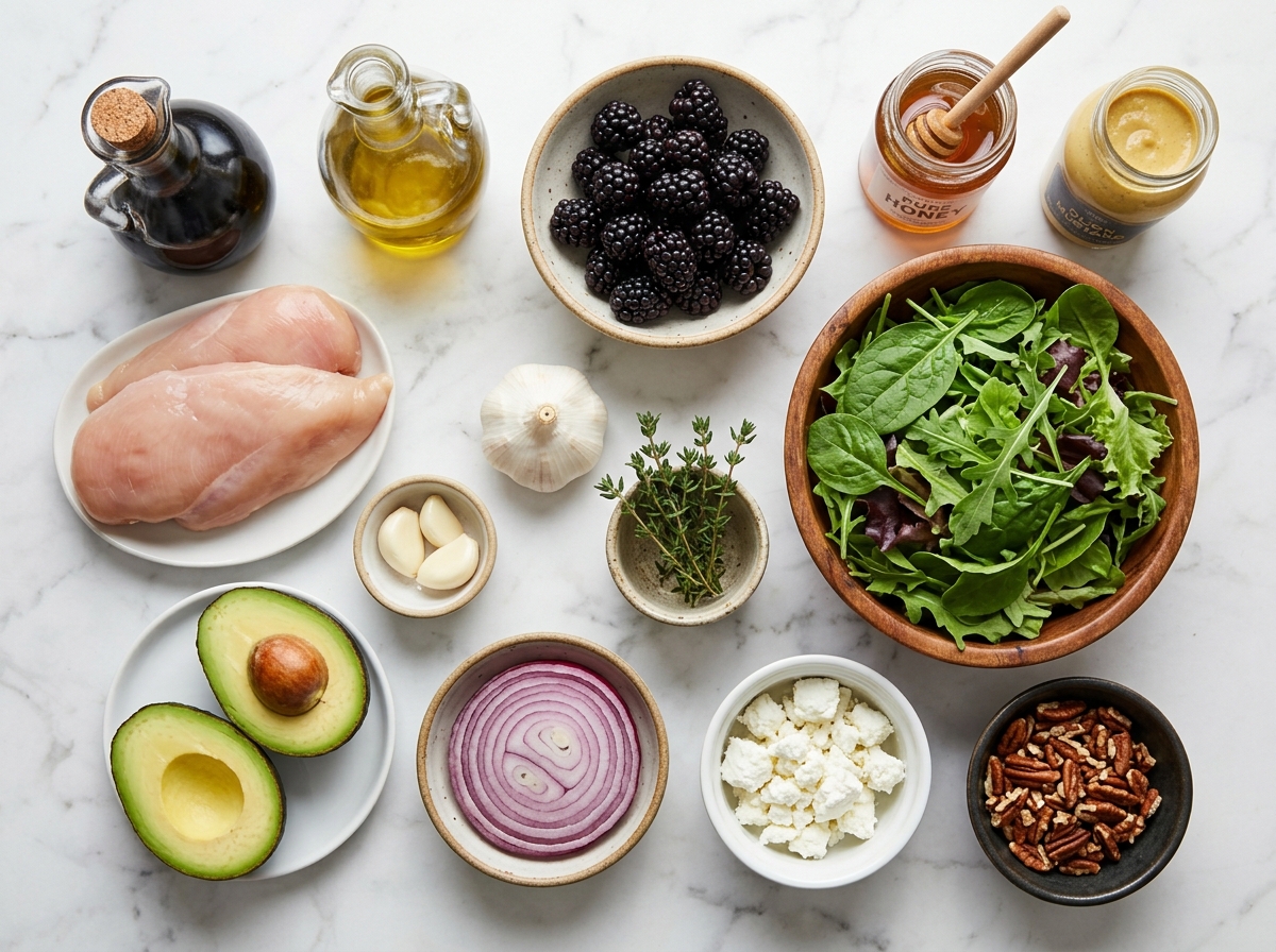 Ingredients for blackberry balsamic grilled chicken salad on a counter
