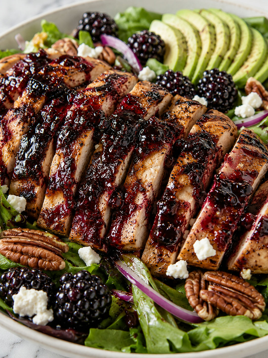 Blackberry Balsamic Grilled Chicken Salad, plated and served