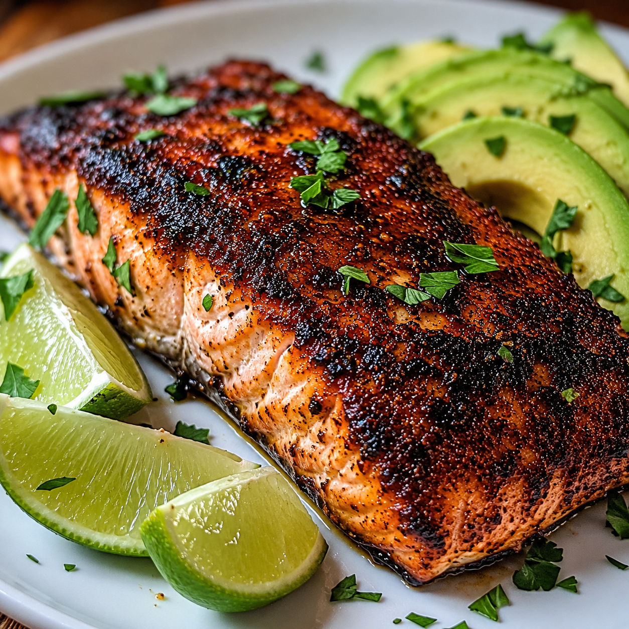 Blackened salmon with lime wedges, parsley, and avocado slices