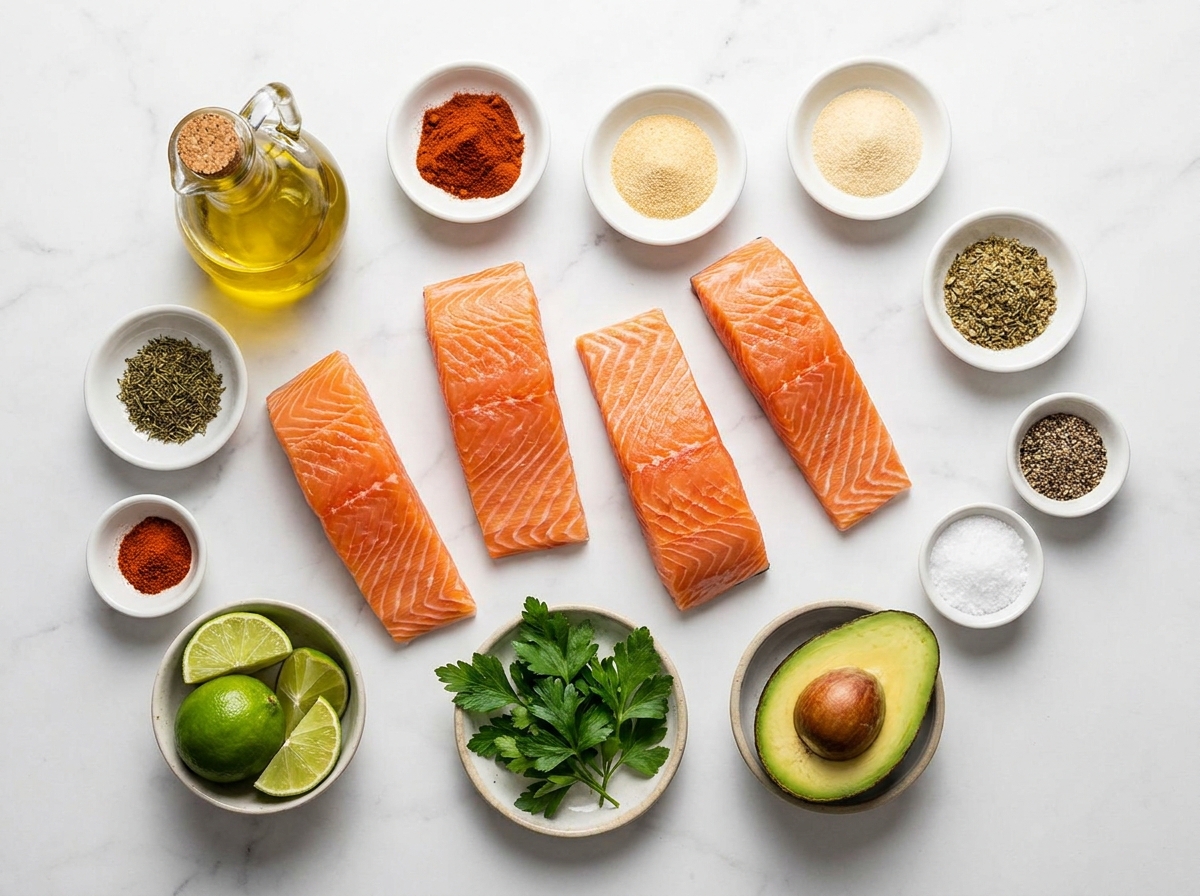 Raw salmon, avocado oil, lime, avocado, parsley, and blackened spices
