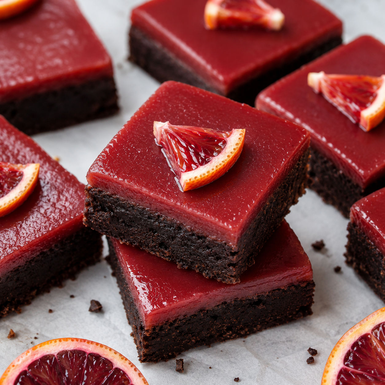 Blood orange curd brownies with ruby citrus tops and dark chocolate layers