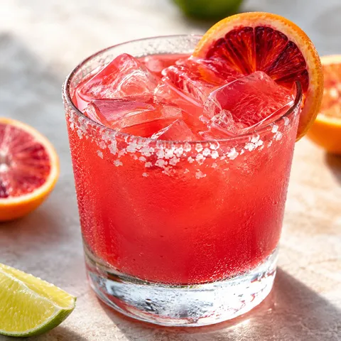 Blood orange margarita over ice with salted rim and citrus garnish