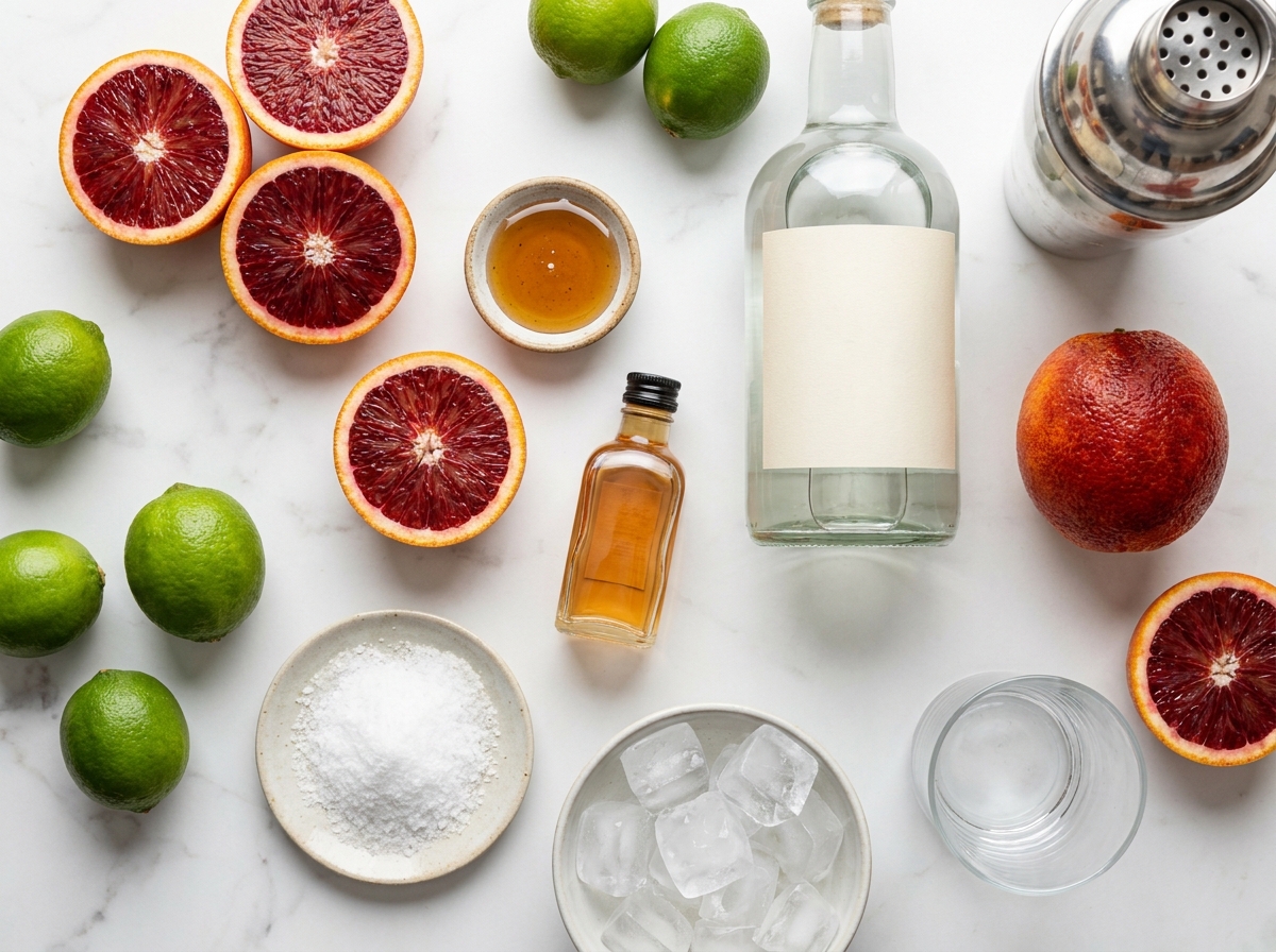 Blood oranges, limes, tequila, orange liqueur, agave, salt, and ice
