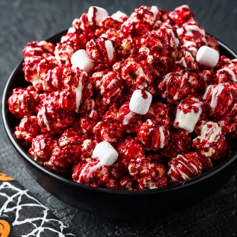 Bloody red velvet popcorn with white drizzle in a black bowl
