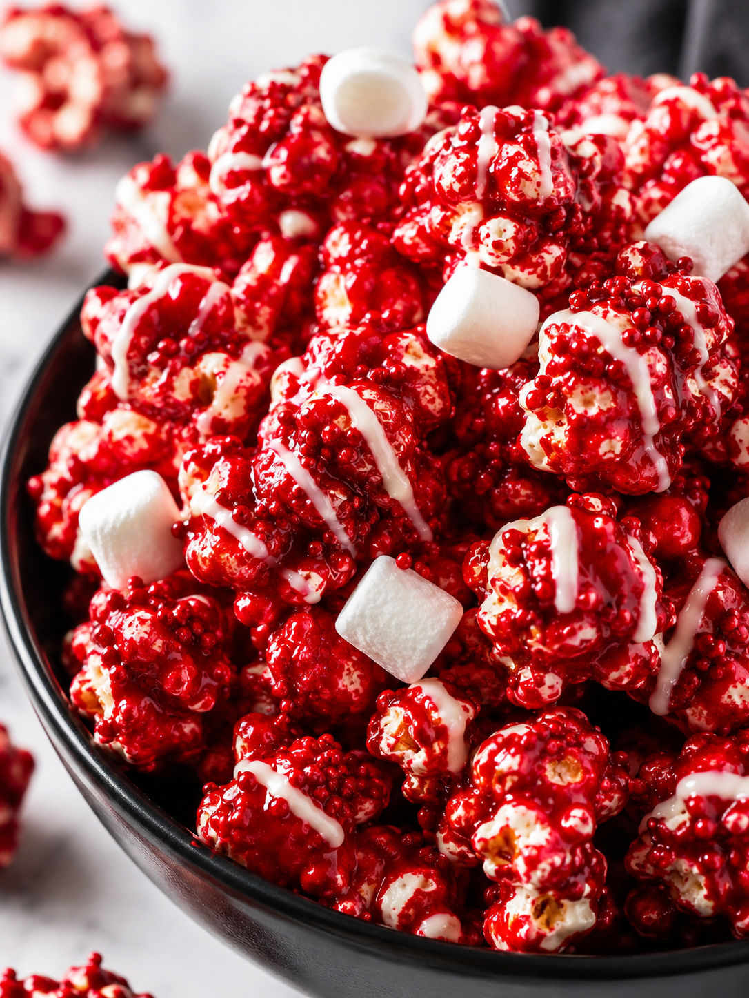Bloody Red Velvet Popcorn, plated and served
