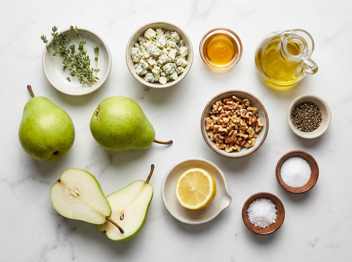 Ingredients for blue cheese stuffed pears on a marble counter