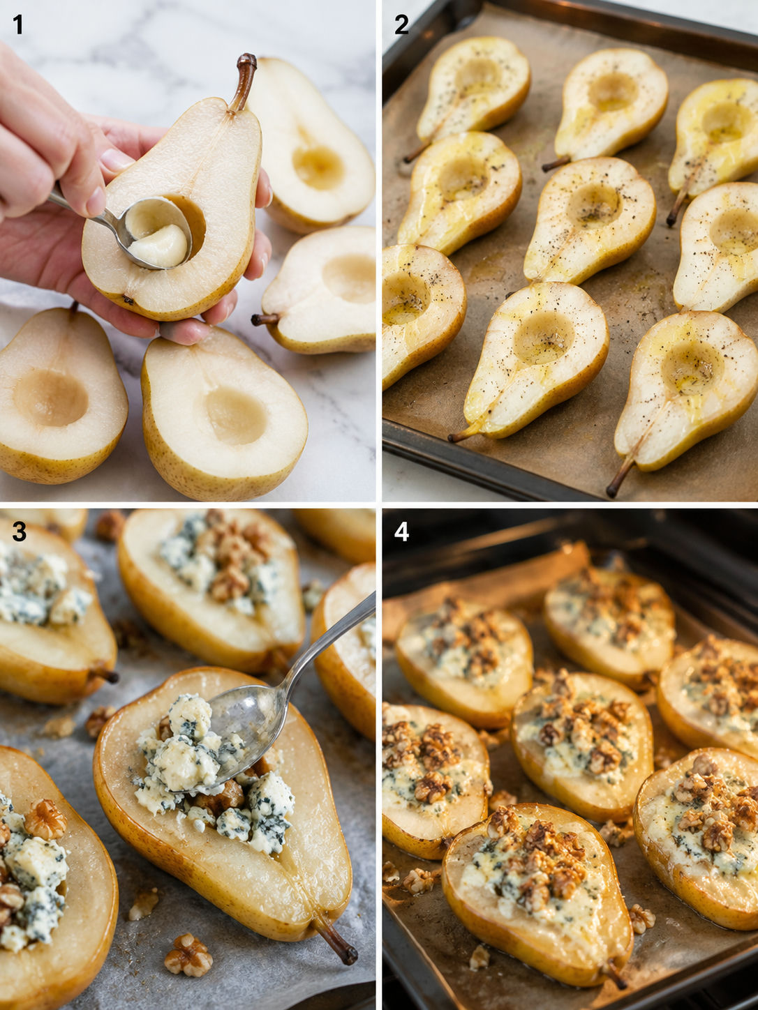 Four steps for making blue cheese stuffed pears