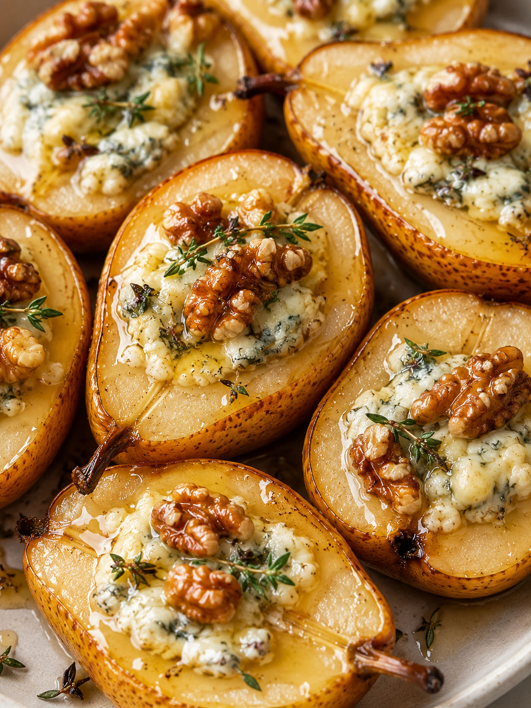 Warm blue cheese stuffed pears with walnuts and honey