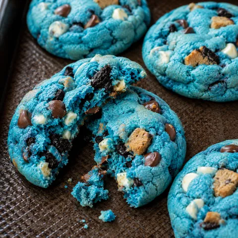 Blue Cookie Monster cookies with Oreos, Chips Ahoy, and chocolate chips