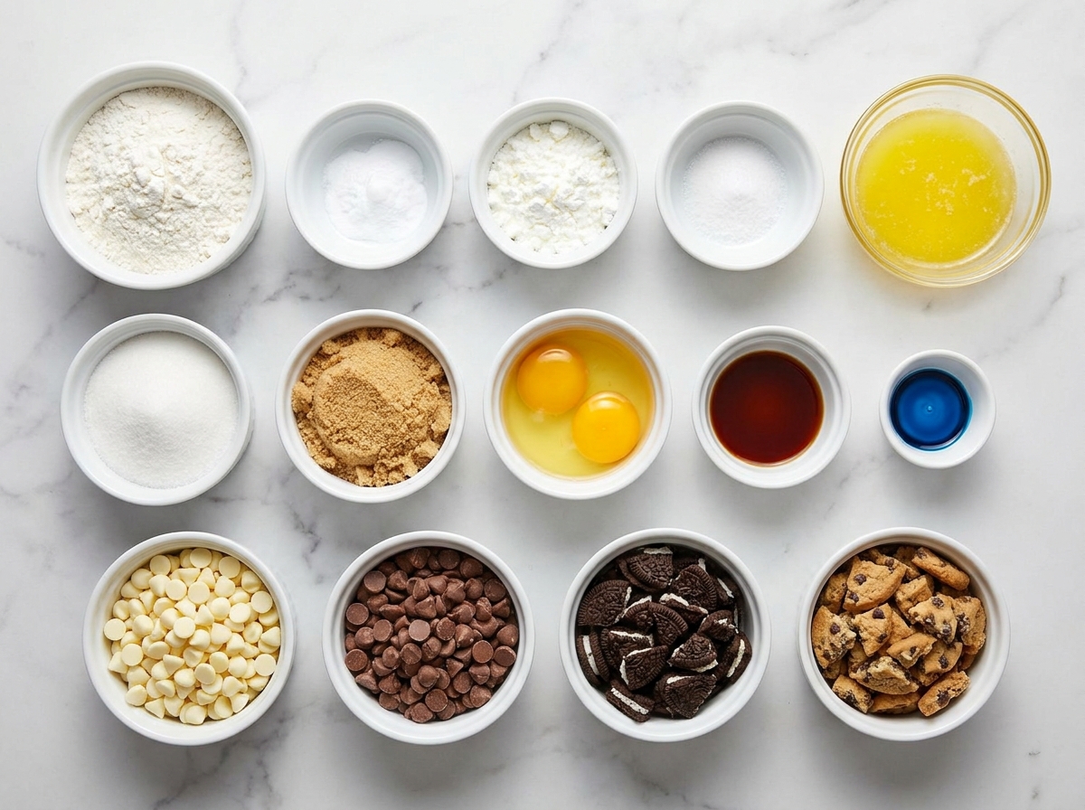 Ingredients for blue Cookie Monster cookies with Oreos and Chips Ahoy