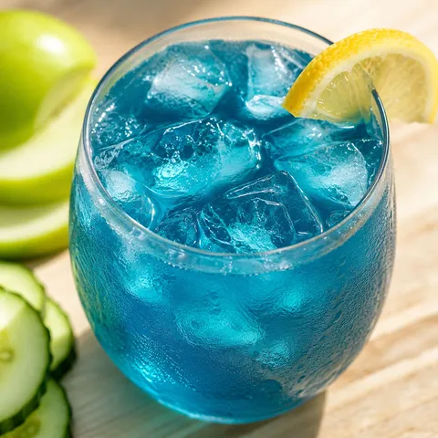 Blue spirulina juice over ice with lemon and cucumber
