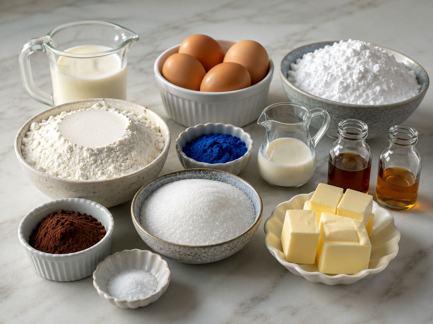 Ingredients for Blue Velvet Vanilla Pound Cake laid out