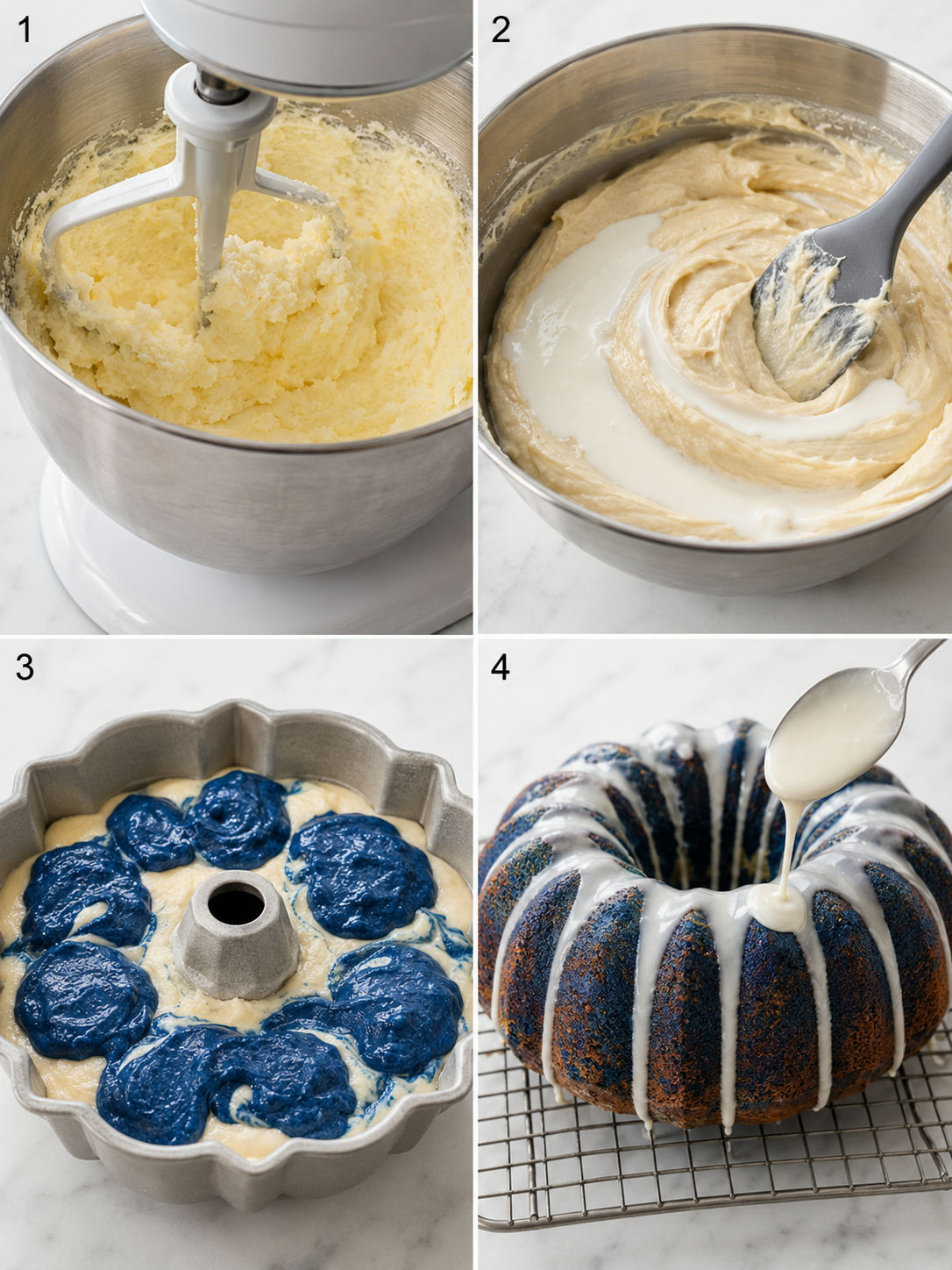 Four steps for making blue velvet vanilla pound cake