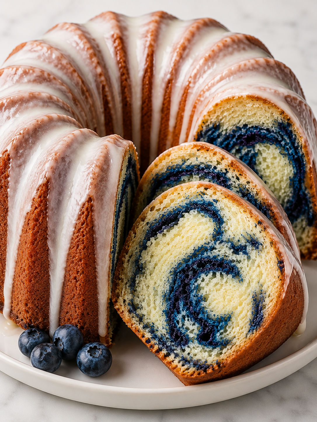 Slices of blue velvet vanilla pound cake with white glaze