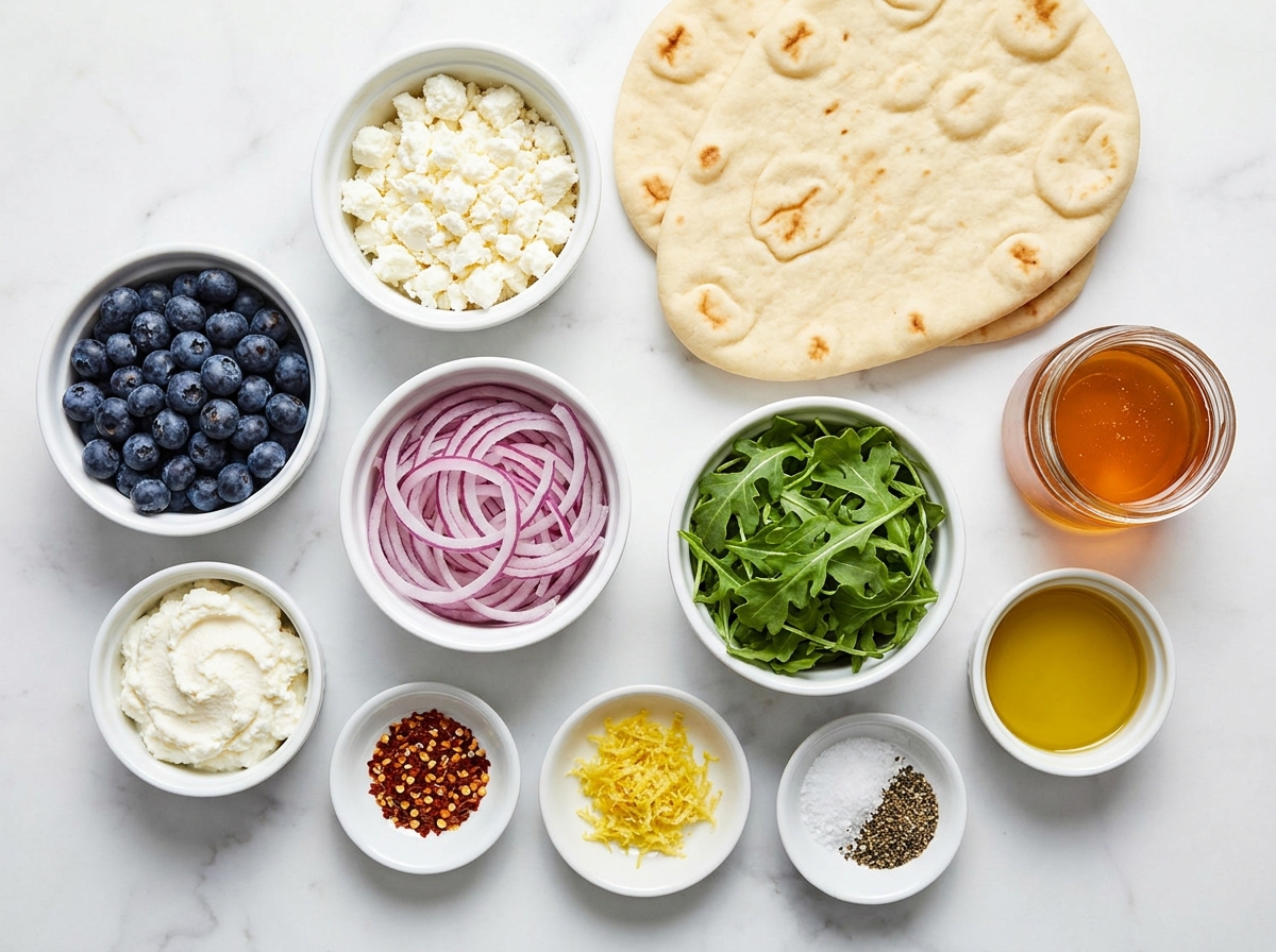 Ingredients for blueberry feta honey naan pizza on a wooden surface