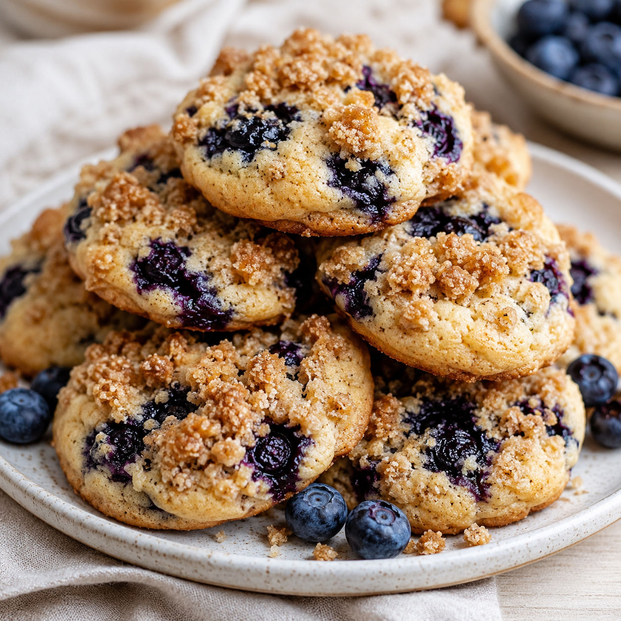 Blueberry muffin cookies with cinnamon streusel on a plate