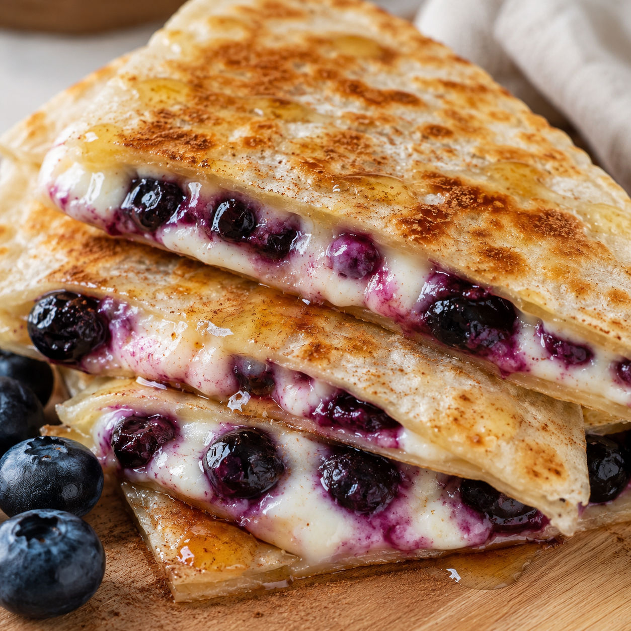 Blueberry cream cheese quesadilla wedges with honey on a wooden board