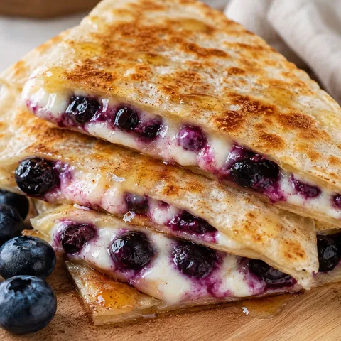 Blueberry cream cheese quesadilla wedges with honey on a wooden board