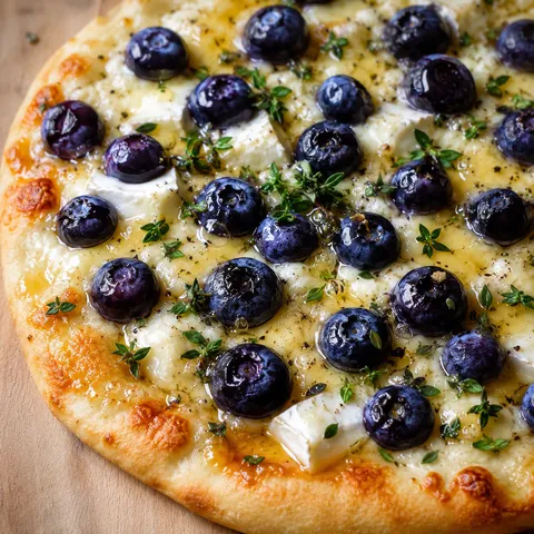 Blueberry Brie flatbread with thyme and honey on a wooden table