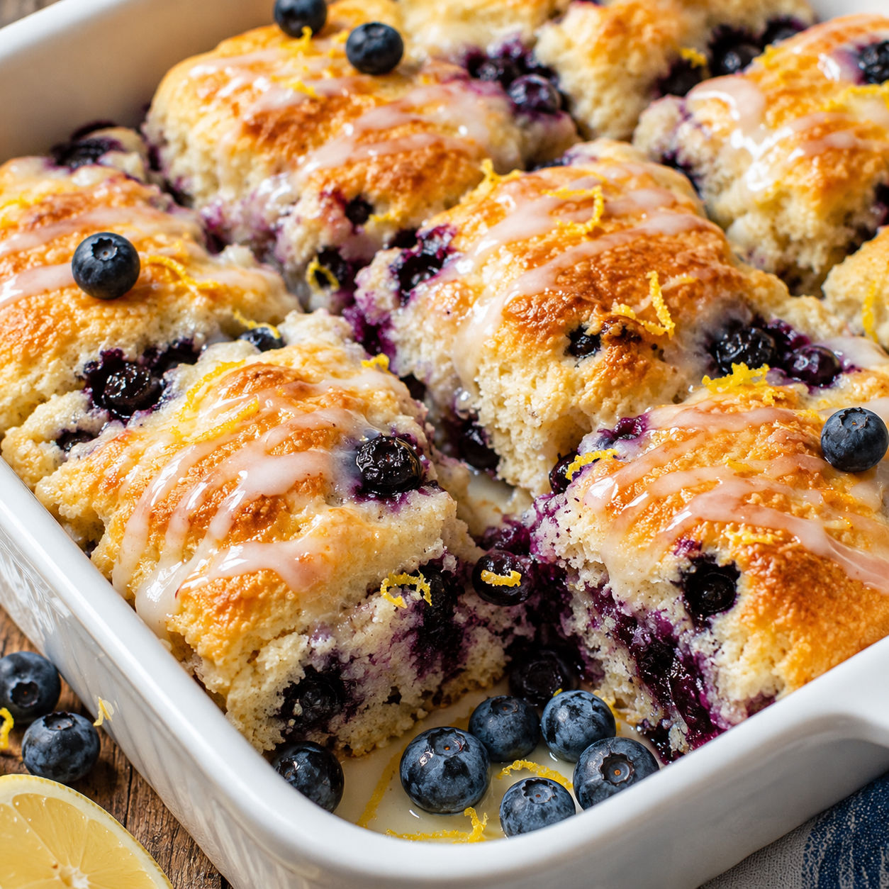 Blueberry butter swim biscuits with lemon glaze in a white baking dish