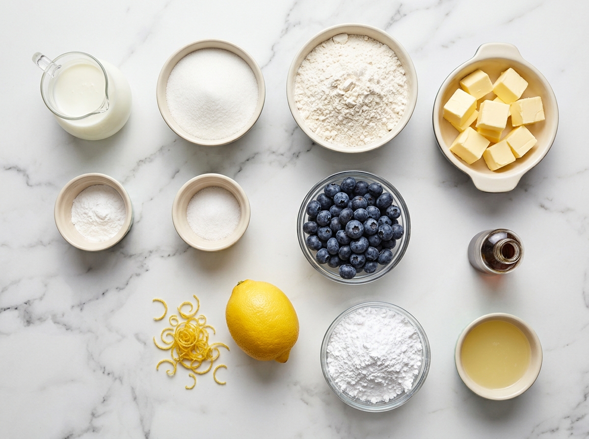 Ingredients for blueberry butter swim biscuits with lemon glaze