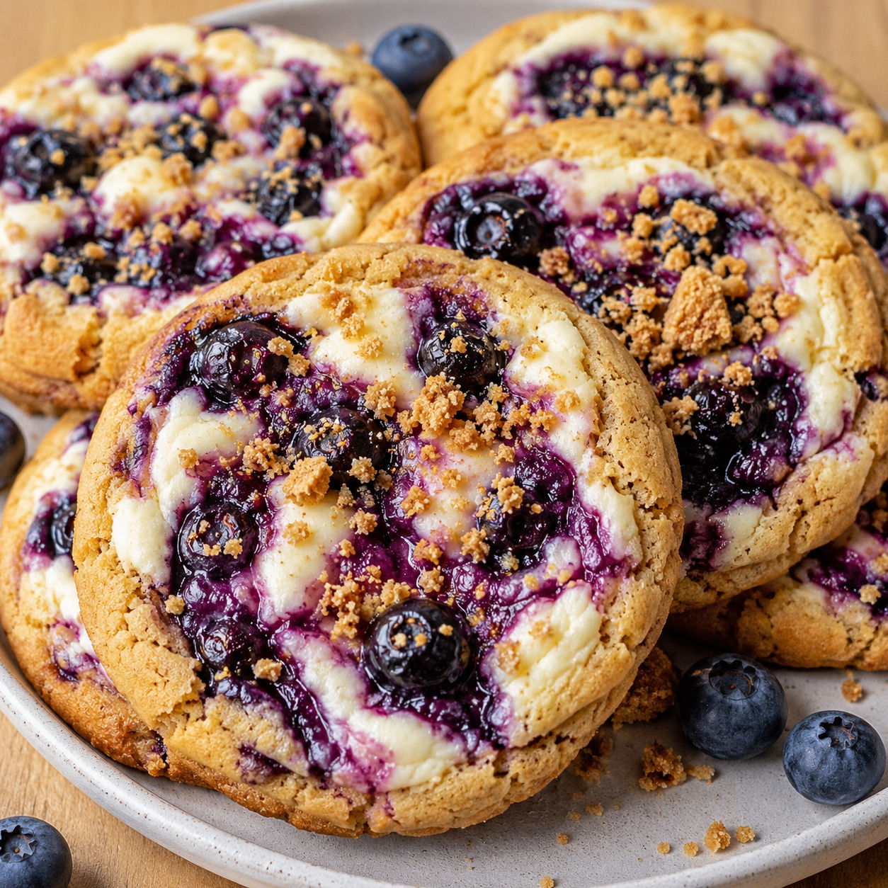 Blueberry cheesecake cookies with graham crumbs and creamy swirled centers
