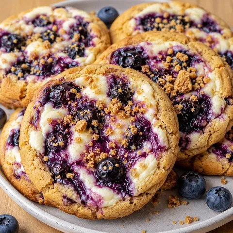 Blueberry cheesecake cookies with graham crumbs and creamy swirled centers