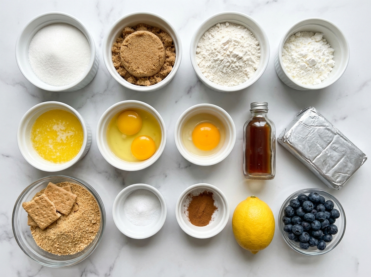 Ingredients for blueberry cheesecake cookies with graham crackers and cream cheese