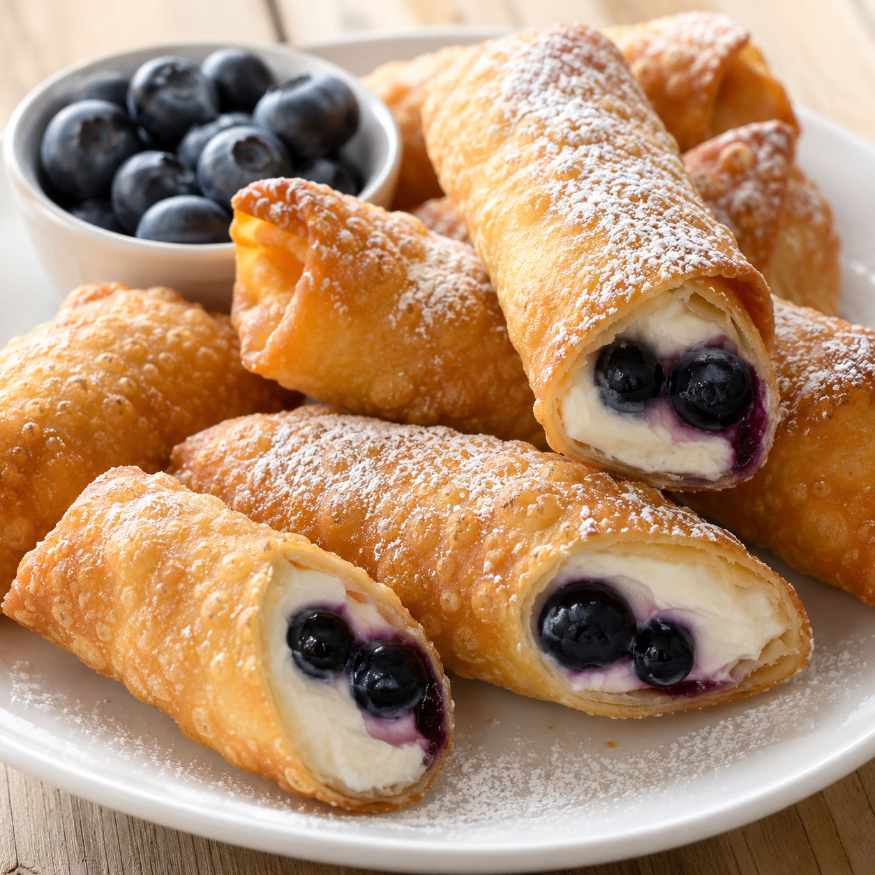 Golden blueberry cheesecake egg rolls dusted with powdered sugar on a white plate