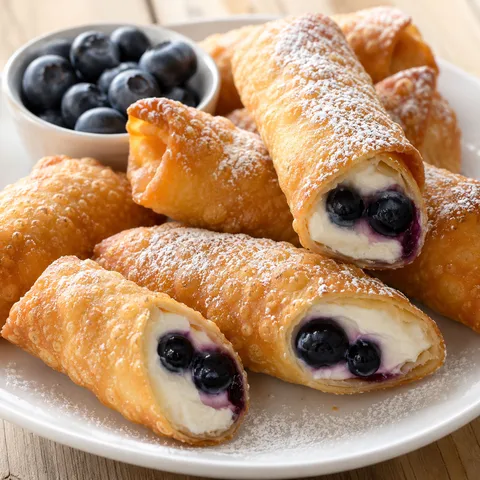 Golden blueberry cheesecake egg rolls dusted with powdered sugar on a white plate