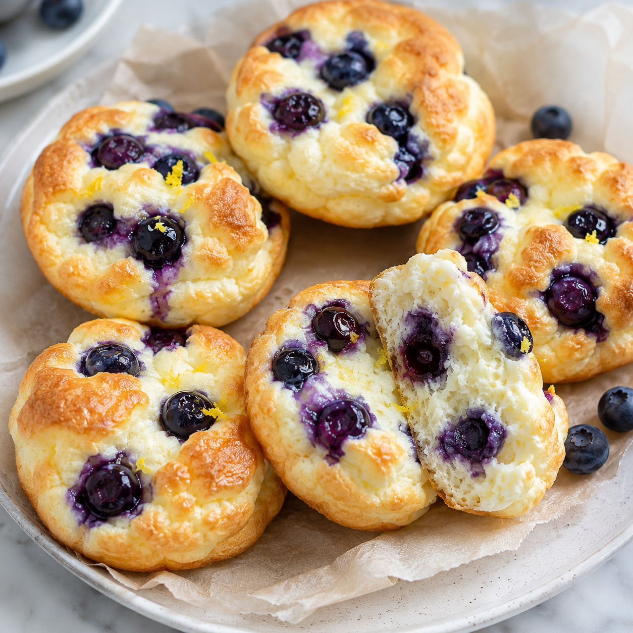 Blueberry cottage cheese cloud bread rounds with golden tops and juicy berries