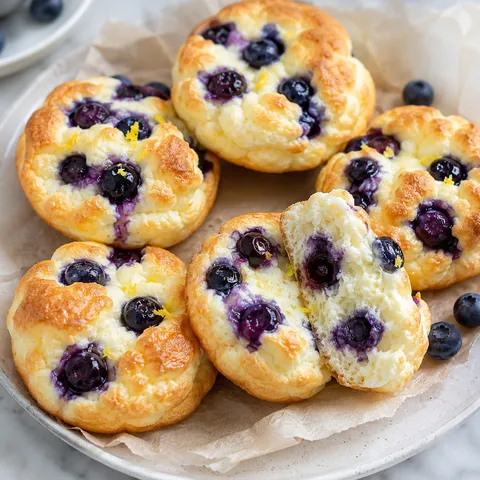 Blueberry cottage cheese cloud bread rounds with golden tops and juicy berries