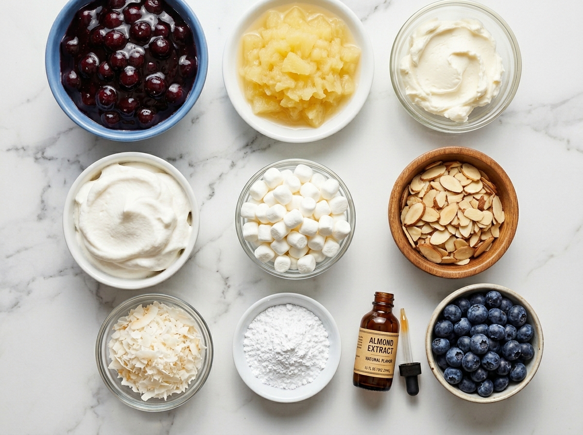 Ingredients for blueberry pineapple fluff salad with almonds and marshmallows