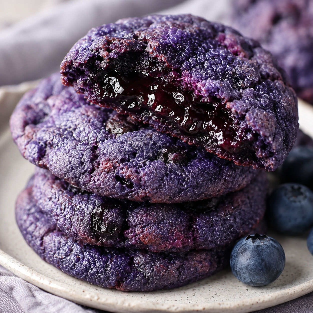 Purple chocolate blueberry jam cookies with sugared tops and jam centers