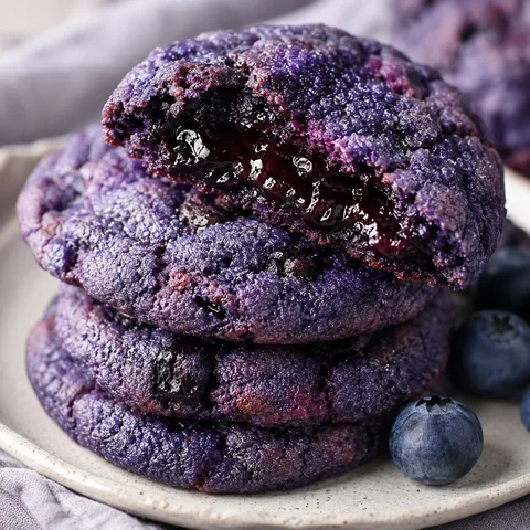 Purple chocolate blueberry jam cookies with sugared tops and jam centers