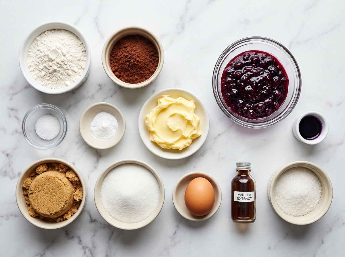 Ingredients for blueberry jam filled chocolate cookies on a light table