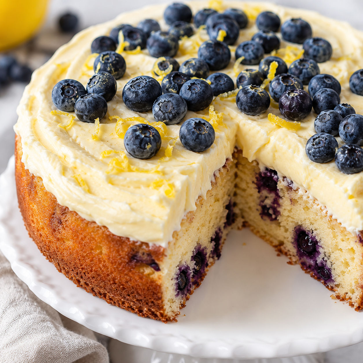 Blueberry Lemon Creme Cake with whipped lemon topping and fresh berries