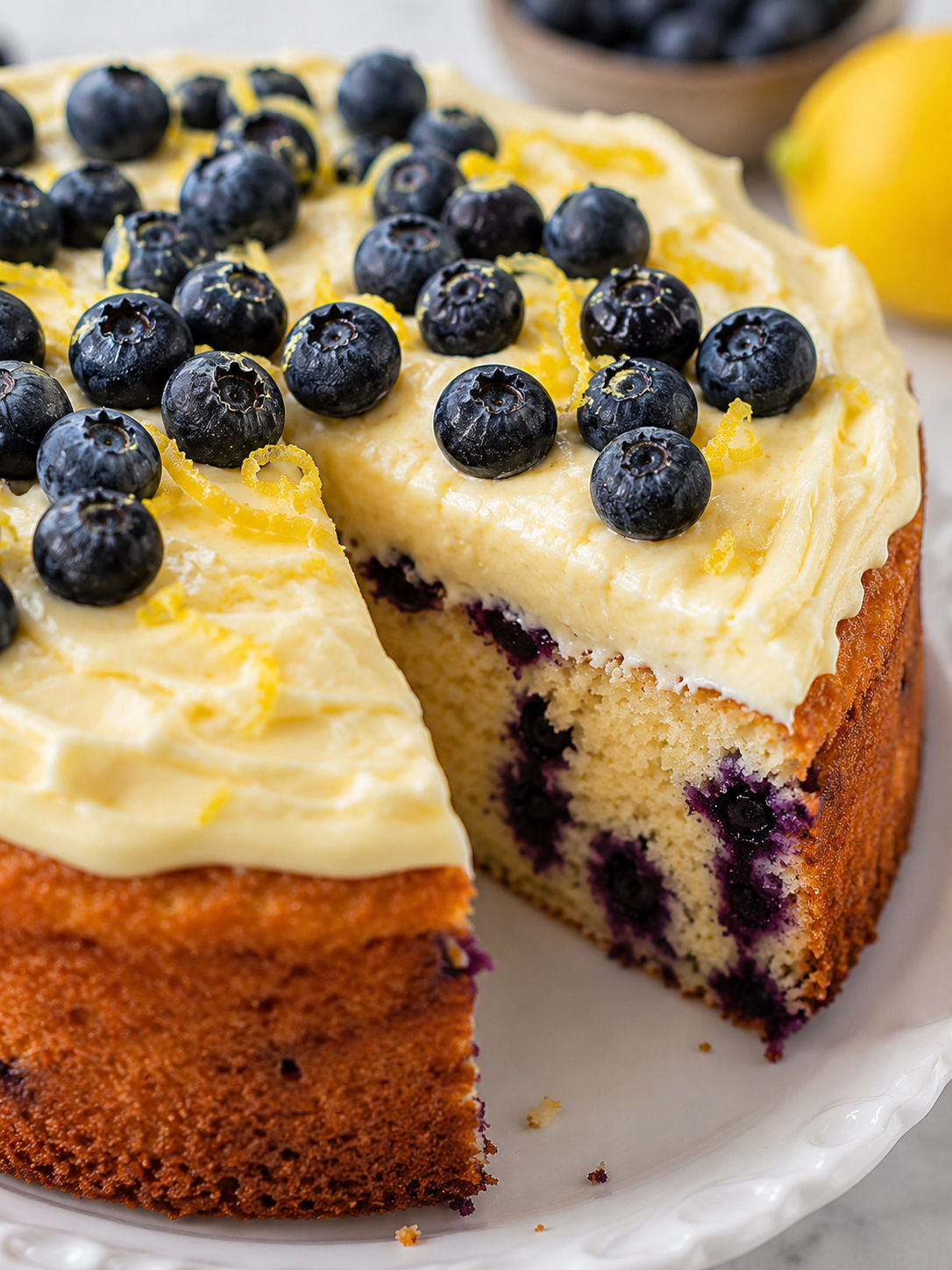 Blueberry Lemon Creme Cake, plated and served
