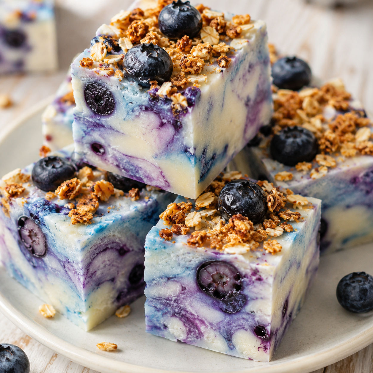 Blueberry Muffin Fudge squares with oat topping and fresh blueberries
